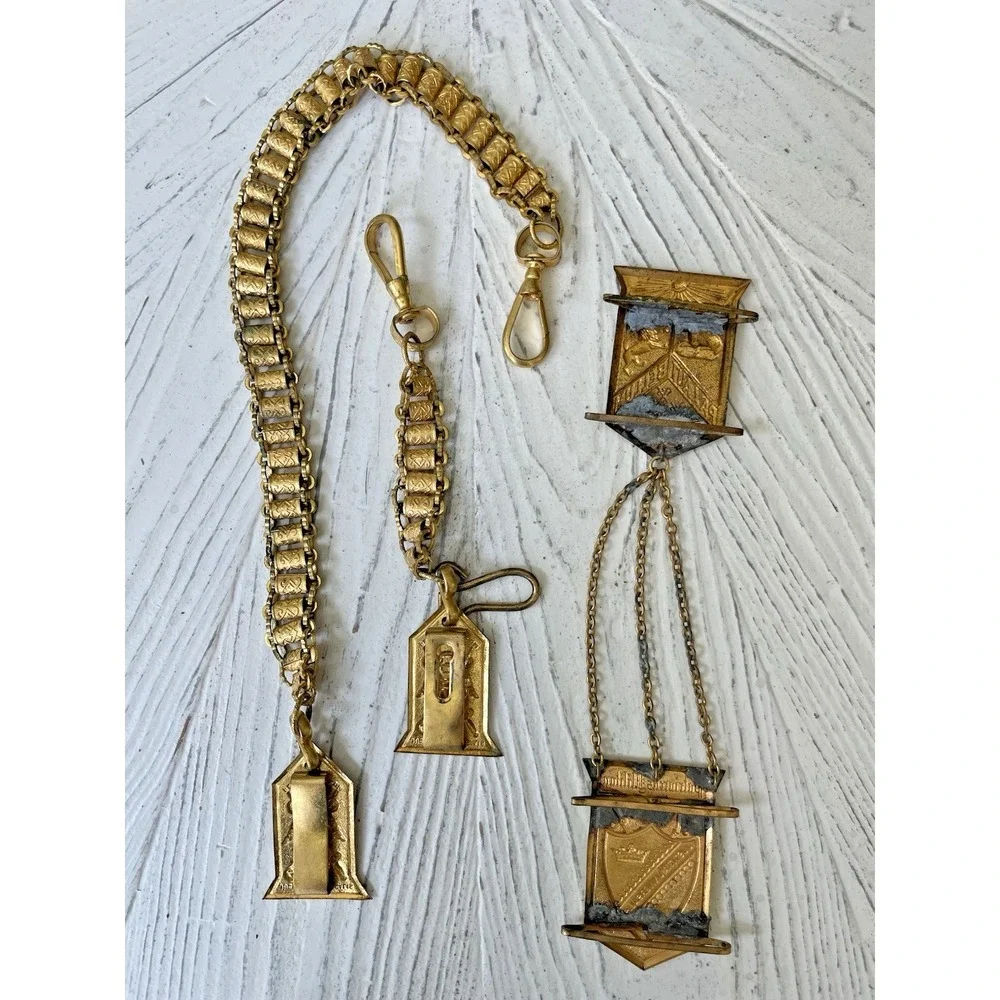 Vtg Fraternal Society  Sword Belt Hanger Gold Tone Chain & Medals Regalia Lot